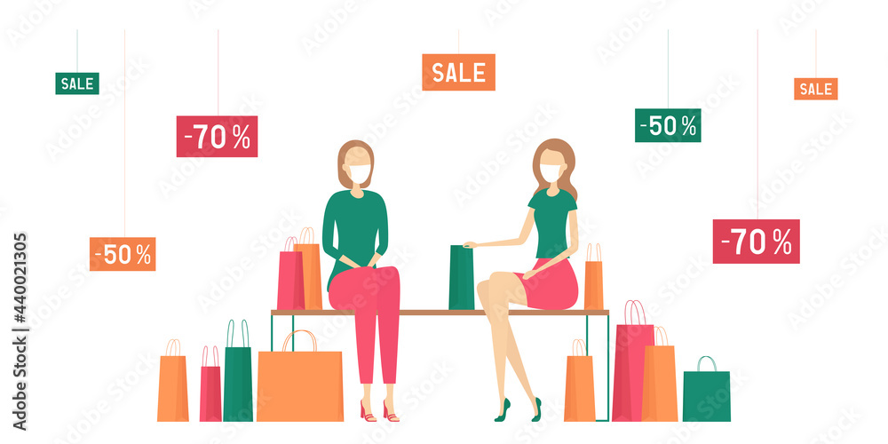 Women in masks sitting with purchases. Shopping. Vector illustration.