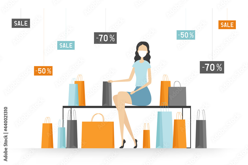 Woman in mask sitting with a lot of purchases. Shopping. Vector illustration. Woman in mask sitting with a lot of purchases. Shopping. Vector illustration.