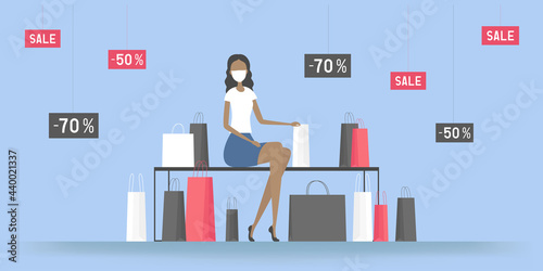African-American woman in mask sitting with a lot of purchases. Vector illustration.