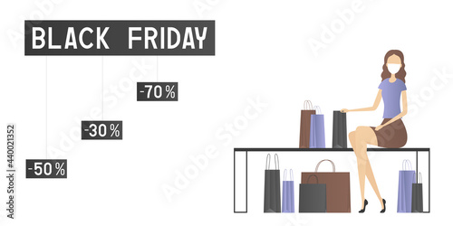 Woman in face mask sitting with a lot of purchases. Black Friday 2021. Vector illustration.