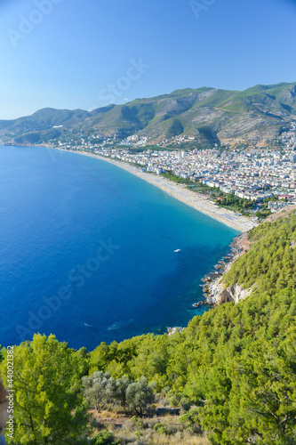 Fototapeta Naklejka Na Ścianę i Meble -  Alanya Cleopatra Beach and Marina view from Alanya Castle in Antalya, Turkey.