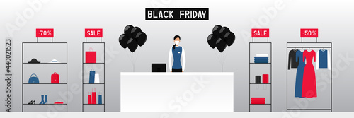 Cashier in medical mask. Black Friday during quarantine. Vector illustration.