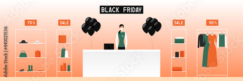 Cashier in protective mask. Black Friday 2021. Vector illustration.