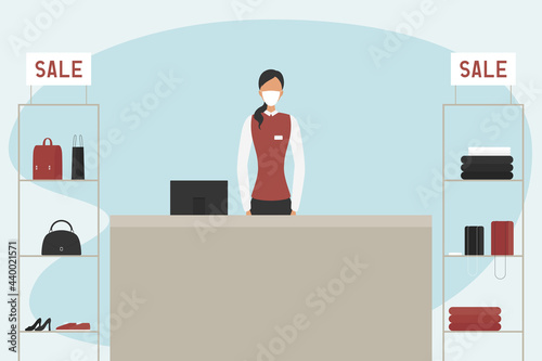 Cashier in face mask working at pay desk. Vector illustration.