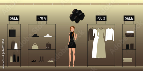 Woman hold black helium balloons. Shopping. Vector illustration.