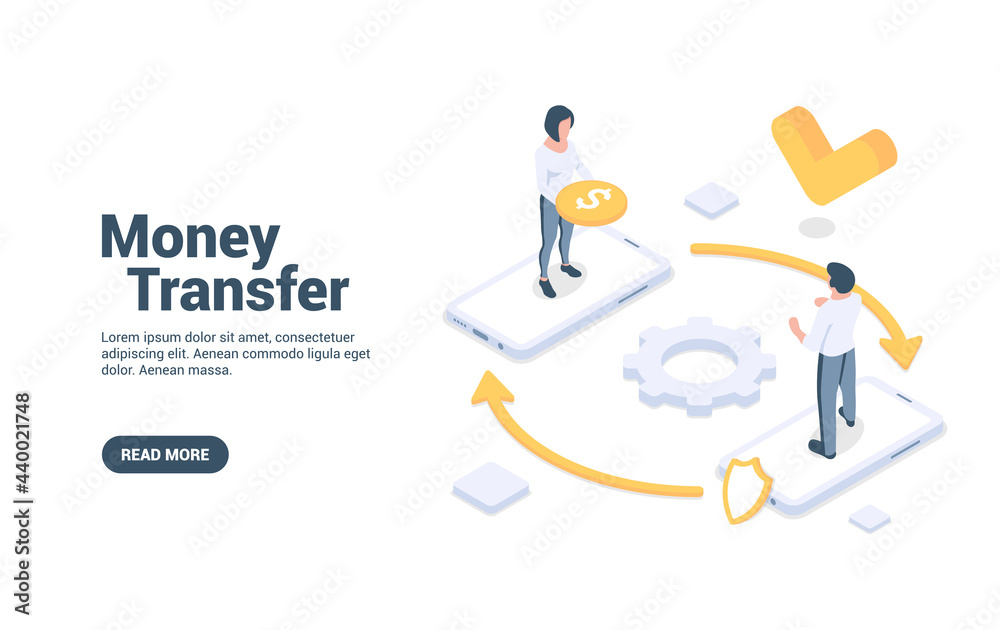 Money transfer. Concept of service for mobile transactions, secure payments. Vector illustration in isometric style. Isolated on white background.
