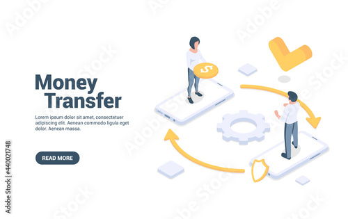 Money transfer. Concept of service for mobile transactions  secure payments. Vector illustration in isometric style. Isolated on white background.