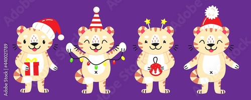 New Year s set with characters of tigers. Collection of cute animals white tiger cubs in cartoon style in Christmas hats  with a garland. Vector illustration isolated on background.