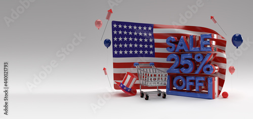3D Render Usa flag 4th of July USA Independence Day Concept 25% Sale OFF Discount Banner.