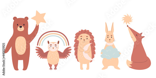 A set of cute forest animals. Vector illustration in flat style for decorating baby room.