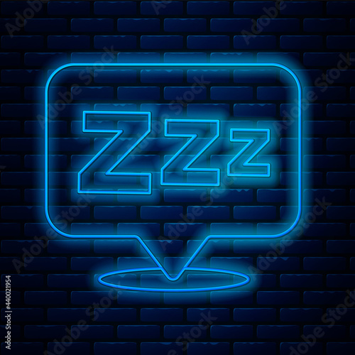 Glowing neon line Sleepy icon isolated on brick wall background. Sleepy zzz black talk bubble. Vector