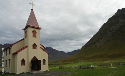 church in the green mountains   Isafjordur  Iceland