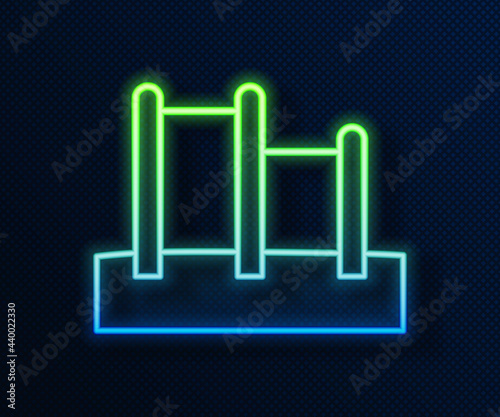Glowing neon line Sport horizontal bar icon isolated on blue background. Vector