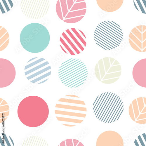 Colorful round shapes with simple striped elements on a white background. Seamless light abstract geometry pattern. Suitable for wallpaper  packaging  textile.