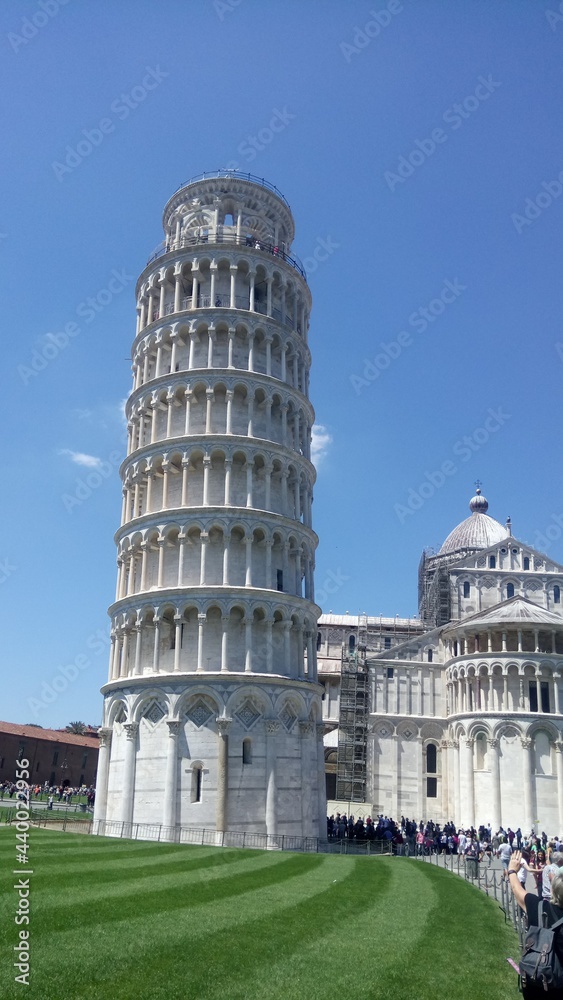 The Leaning Tower of Pisa or simply the Tower of Pisa is the campanile, or freestanding bell tower, of the cathedral of the Italian city of Pisa, known worldwide for its nearly four-degree lean, the r