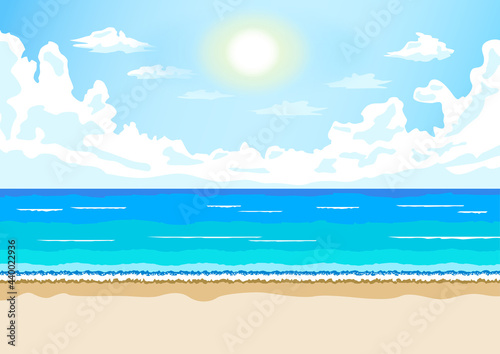 太陽の光が降りそそぐ青空と澄み渡る海の風景