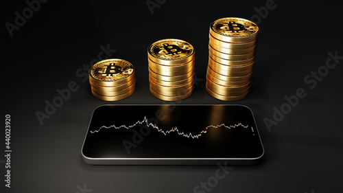 Blockchain cyptocurrency bitcoin btc with smartphone, Mobile phone next to stacks of bitcoins, 3d rendering photo