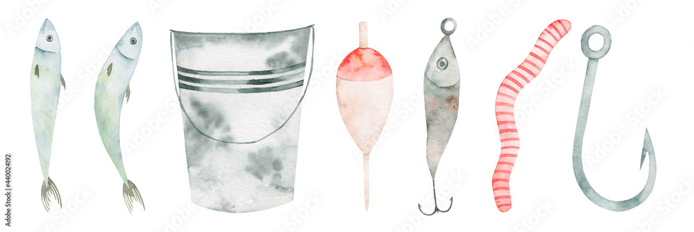 Fishing watercolor set. Gear clipart. Isolated on a white background. Hand  drawn. Fish, bucket, float, hook, worm, spoon. Camping. Father's day. Stock  Illustration