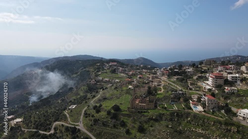 Drone shot showing Lebanese village Kfarmatta in the Chouf Mount Lebanon region. photo