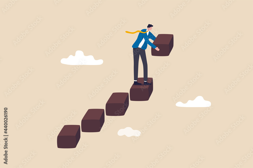 Build business success stairs, self development or career growth and job improvement, growing up or job promotion concept, businessman building staircase to progress ascending business growth.