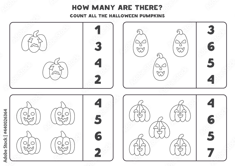 Counting game with Halloween pumpkins. Math worksheet. Counting game with Halloween pumpkins. Math worksheet.
