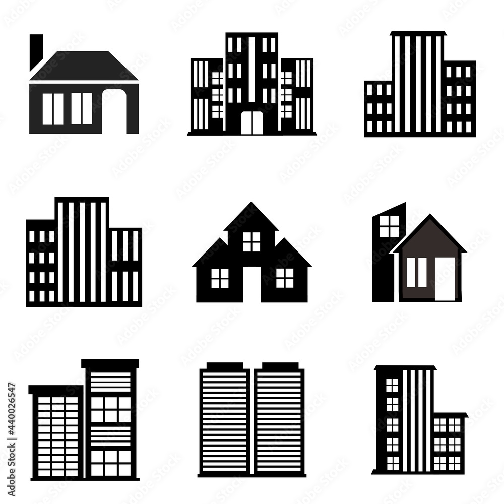 Building icons vector template.  Set of Building symbol in black and white color 