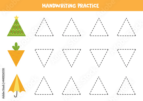 Trace contours of cartoon triangle. Writing practice.