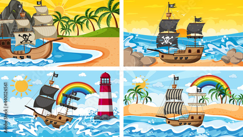 Set of Ocean with Pirate ship at different times scenes in cartoon style