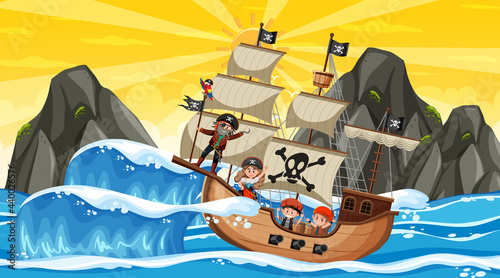 Ocean with Pirate ship at sunset scene in cartoon style