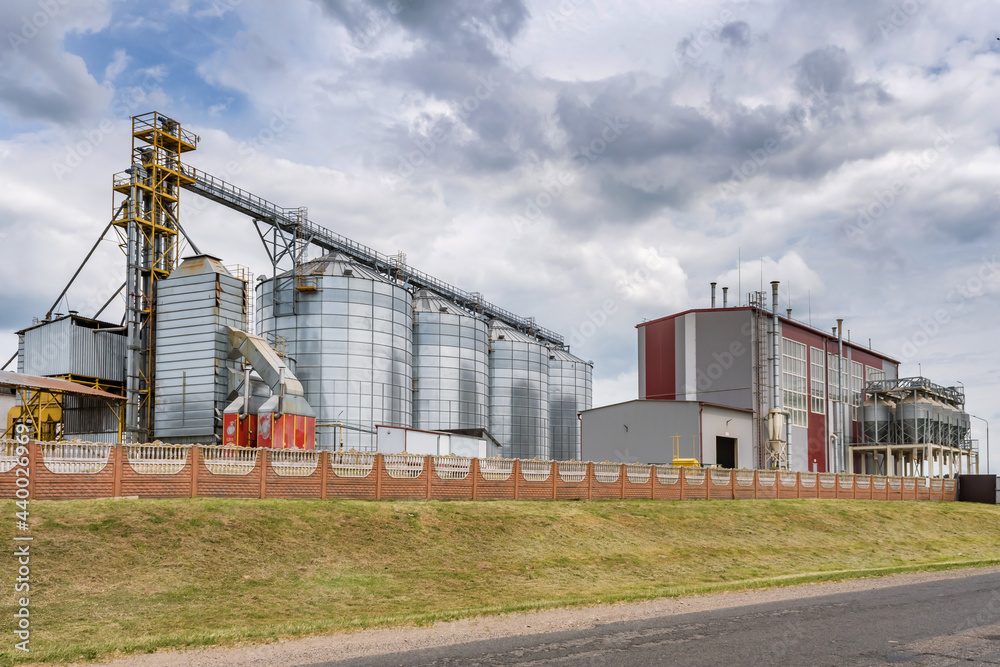 Modern Granary elevator and seed cleaning line. Silver silos on agro-processing and manufacturing plant for processing drying cleaning and storage of agricultural products, flour, cereals and grain.