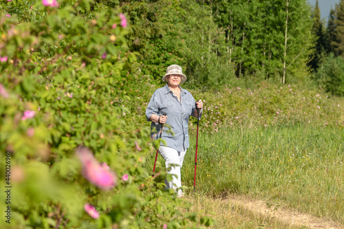 The grandmother is engaged in Scandinavian walking. An elderly woman goes in for sports.