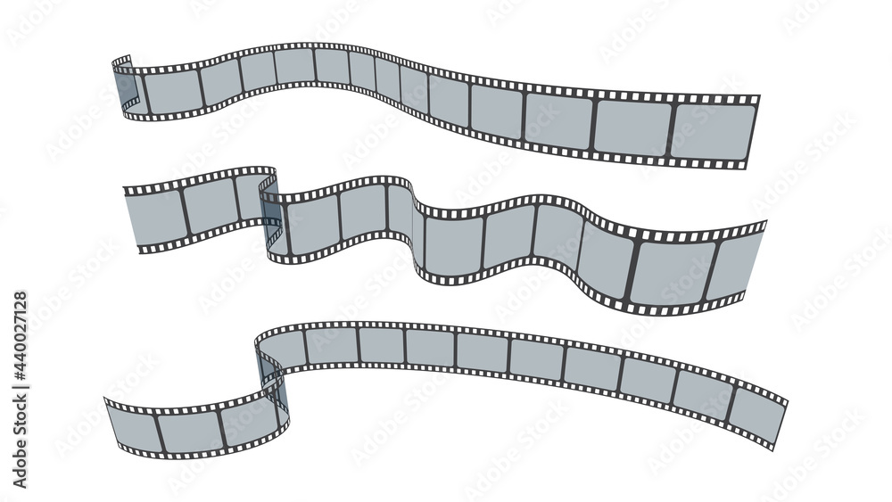 Fototapeta premium 35mm photo and movie film roll vector set isolated on white background. Collection of blank cinema film strip frames with transparency and different shape effect. Isometric film strip in perspective.