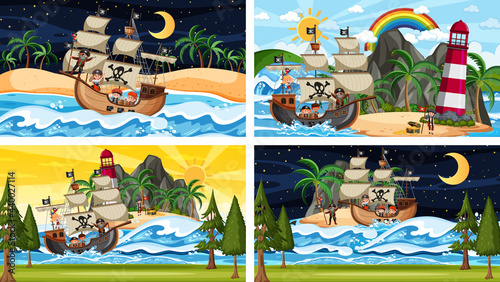 Set of different beach scenes with pirate ship