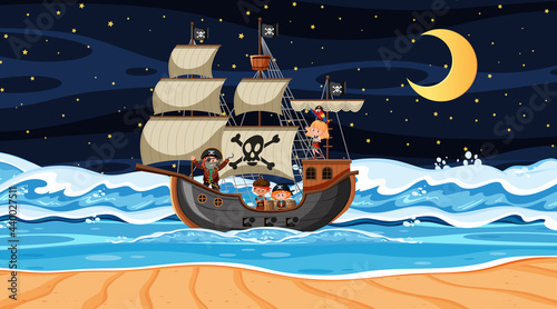 Ocean with Pirate ship at night scene in cartoon style
