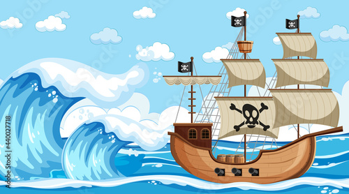 Ocean scene at day time with Pirate ship in cartoon style