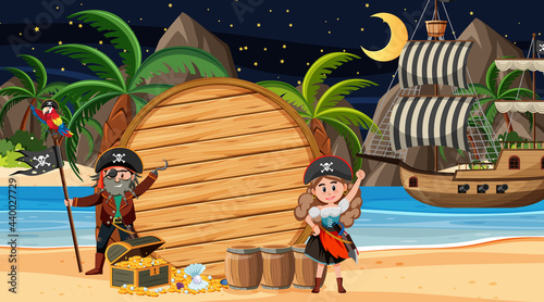 Pirate kids at the beach night scene with an empty wooden banner template