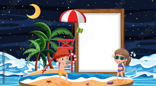 Kids on vacation at the beach night scene with an empty banner template.