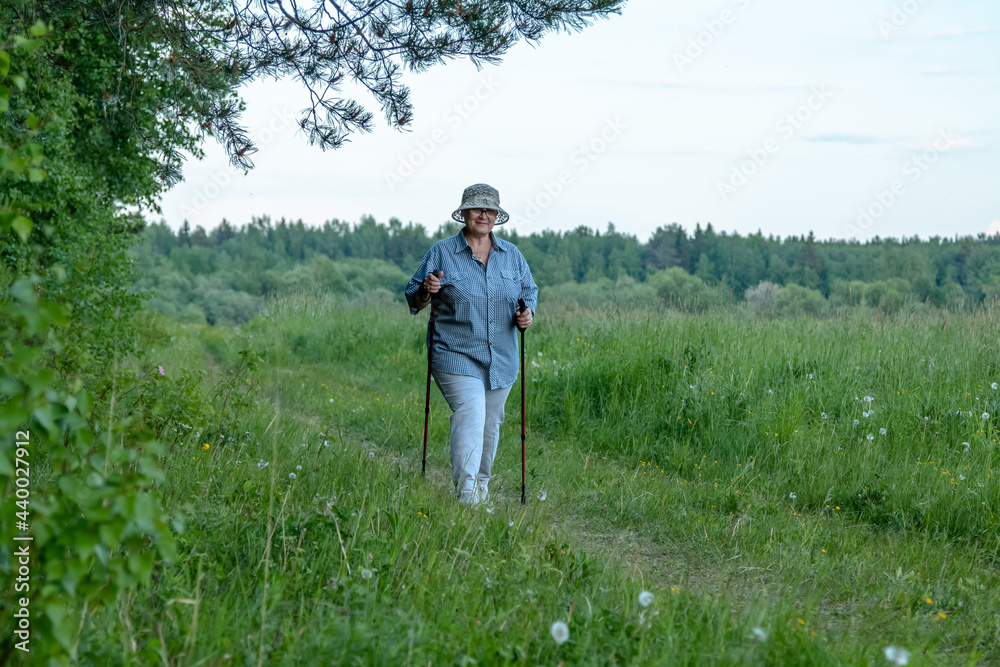 The grandmother is engaged in Scandinavian walking. An elderly woman goes in for sports. The grandmother is engaged in Scandinavian walking. An elderly woman goes in for sports.