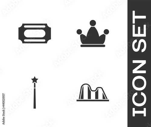Set Roller coaster, Circus ticket, Magic wand and Jester hat with bells icon. Vector