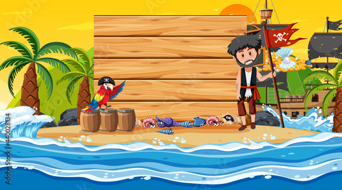 Empty banner template with pirate man at the beach sunset scene