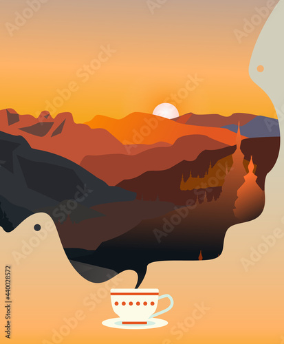 Coffee cup with beautiful sunset in a landscape with forest  mountains and sunny sky. Editable vector illustration