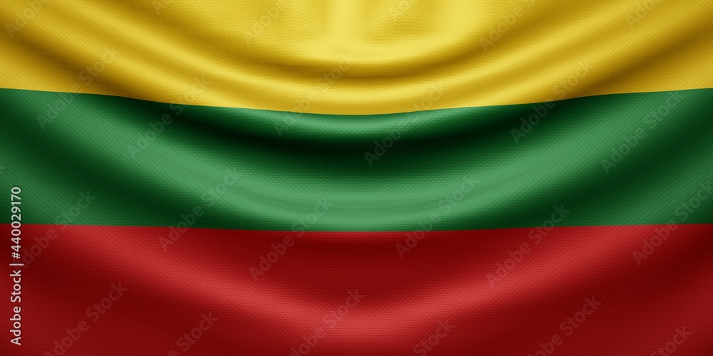 Obraz premium Hanging wavy national flag of Lithuania with texture. 3d render.