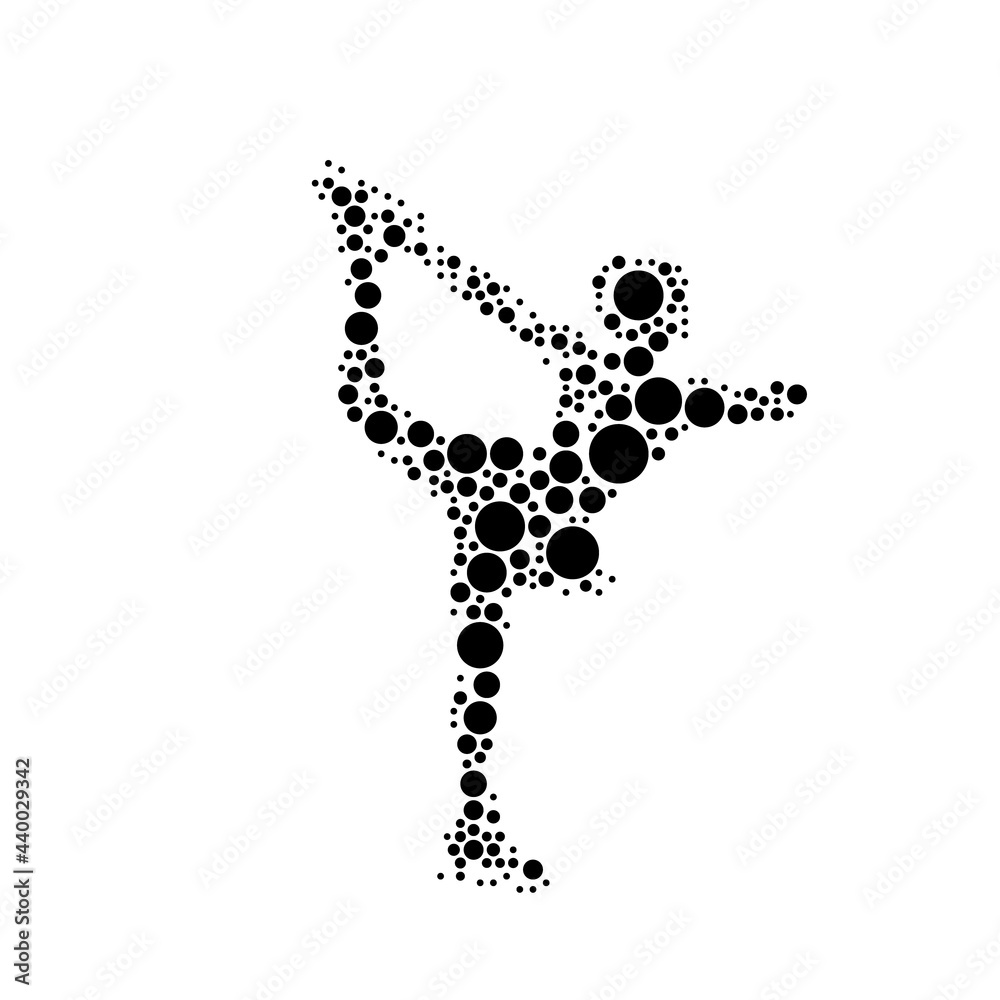 A large female figure skating symbol in the center made in pointillism style. The center symbol is filled with black circles of various sizes. Vector illustration on white background