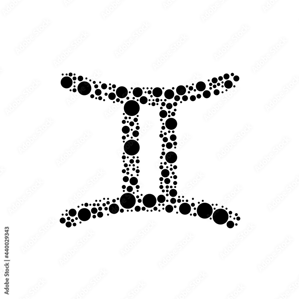 A large zodiac gemini symbol in the center made in pointillism style. The center symbol is filled with black circles of various sizes. Vector illustration on white background A large zodiac gemini symbol in the center made in pointillism style. The center symbol is filled with black circles of various sizes. Vector illustration on white background