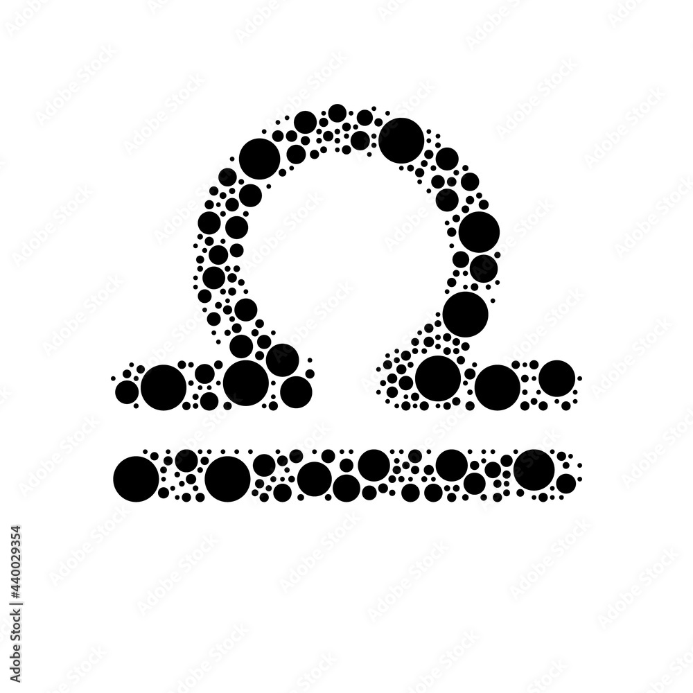 A large zodiac libra symbol in the center made in pointillism style. The center symbol is filled with black circles of various sizes. Vector illustration on white background A large zodiac libra symbol in the center made in pointillism style. The center symbol is filled with black circles of various sizes. Vector illustration on white background