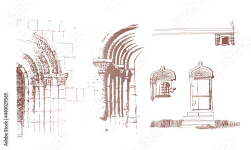 Decor Elements of the antique door frame and window architrave in the old Russian and Byzantine architectural style. Brown colored traced  doodle ink and pen sketch drawing 