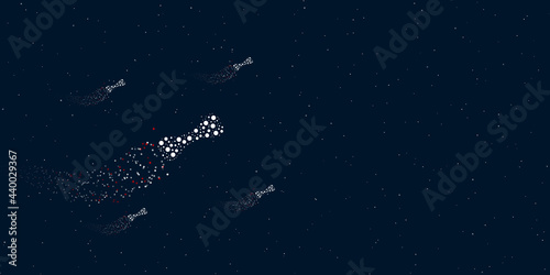A dog bone symbol filled with dots flies through the stars leaving a trail behind. Four small symbols around. Empty space for text on the right. Vector illustration on dark blue background with stars