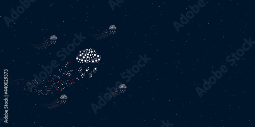 Fototapeta Naklejka Na Ścianę i Meble -  A rain symbol filled with dots flies through the stars leaving a trail behind. Four small symbols around. Empty space for text on the right. Vector illustration on dark blue background with stars