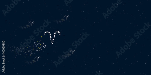 A zodiac aries symbol filled with dots flies through the stars leaving a trail behind. There are four small symbols around. Vector illustration on dark blue background with stars