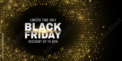 Futuristic, glittering dotted background for Black Friday sale. Abstract, golden halftone effect. Fashion advertising promotion template. Commercial discount event. Vector illustration.